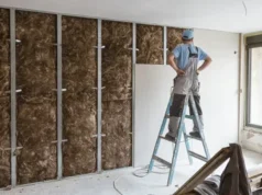 Drywall Barrie Ontario – Quality Repair, Finishing & Installation Worker preparing to hang drywall over brown mineral wool insulation and metal stud framing during a renovation project in Barrie, Ontario.