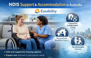 Comprehensive Guide to NDIS Accommodation and Disability Support Services in Australia with Easability NDIS participant receiving disability support services in a comfortable supported accommodation home in Australia