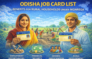 Odisha Job Card List: Benefits for Rural Households Rural workers showing Odisha Job Card List cards with employment benefits illustration