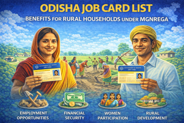 Rural workers showing Odisha Job Card List cards with employment benefits illustration