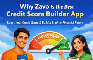 Why Zavo Is the Best Credit Score Builder App “Promotional banner for Zavo credit score builder app showing high credit score, financial growth icons, and features like EMI management, fast credit building, and secure usage