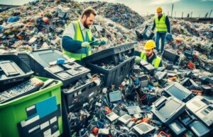 E Waste Removal Services Kent WA Workers sorting electronic waste at a recycling facility using E waste removal services Kent WA to safely dispose of old computers and monitors.