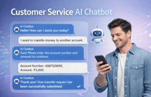 Enhance Customer Experience with the Power of Customer Service Chatbots A person using a mobile phone to communicate with an AI agent chatbot, showing a real-time conversation interface on screen