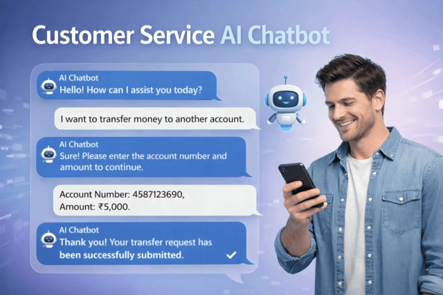 A person using a mobile phone to communicate with an AI agent chatbot, showing a real-time conversation interface on screen