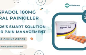 Aspadol 100mg for Effective Pain Management Aspadol 100mg oral painkiller tablets for fast relief, Tapentadol medication pack with pills and Pills4Cure branding.