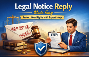 Legal Notice Reply Made Easy Protect Your Rights with Expert Help A professional illustration showing a lawyer drafting a legal notice reply at a desk with documents, a “Legal Notice” envelope marked urgent, a judge’s gavel, law books, and a justice scale, representing expert legal help and protection of rights.
