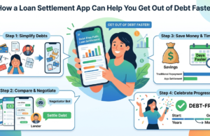 How a Loan Settlement App Can Help You Get Out of Debt Faster An infographic illustrating "How a Loan Settlement App Can Help You Get Out of Debt Faster." The layout uses a clean digital illustration style with a central figure holding a smartphone and four structured steps surrounding it. At the top, a large blue header reads: "How a Loan Settlement App Can Help You Get Out of Debt Faster." The center of the image features a woman in a green shirt, smiling and pointing to a large smartphone showing an app with bar graphs and lists. A chat bubble above her reads: "GET OUT OF DEBT FASTER!" The process is broken down into four distinct, labeled boxes: Step 1: Simplify Debts (Top Left): This box shows a stressed woman holding her head, surrounded by icons of credit cards and bills. An arrow points to another smartphone screen showing these same items organized into list icons, labeled "Simplification with Zavo." Step 2: Compare & Negotiate (Bottom Left): This panel displays two phone screens side-by-side with "Loan Offers." Arrows connect them to an icon of a "Negotiator Bot" and a "Lender" avatar, leading to a large button that says "Settle Debt." The interface design suggests the app, likely Zavo, handles these negotiations. Step 3: Save Money & Time (Top Right): This section includes a large money bag with a dollar sign labeled "Savings" and a calendar labeled "Days Faster." A comparison bar chart titled "Traditional Repayment" vs. "App Settlement" clearly shows the green "App Settlement" bar being much shorter, indicating less time to become debt-free. Step 4: Celebrate Progress (Bottom Right): The final step shows a happy woman celebrating with confetti. Next to her is a large green checkmark in a circle and the text "DEBT-FREE!" Below it is a visual timeline labeled "Start: Years" and "Goal: Months," showing a dramatic reduction in time. The entire illustration uses a cohesive color palette of blues and greens, making the multi-step process easy to follow.
