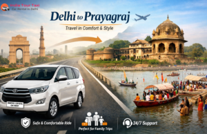 Traveling in Style: Your Guide to an Innova Crysta on Rent in Delhi for the Delhi to Prayagraj Route Innova Crysta on rent in Delhi traveling on expressway towards Prayagraj with Triveni Sangam and historic landmarks in background