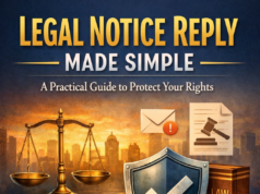 Legal Notice Reply Made Simple: A Practical Guide to Protect Your Rights A professional legal-themed illustration showing a “Legal Notice Reply Made Simple” title with a subtitle about protecting rights. The image features a legal notice document with a pen, a judge’s gavel, scales of justice, law books, handcuffs, and a shield with a checkmark, set against a city skyline background, symbolising legal protection and authority.