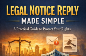 Legal Notice Reply Made Simple: A Practical Guide to Protect Your Rights A professional legal-themed illustration showing a “Legal Notice Reply Made Simple” title with a subtitle about protecting rights. The image features a legal notice document with a pen, a judge’s gavel, scales of justice, law books, handcuffs, and a shield with a checkmark, set against a city skyline background, symbolising legal protection and authority.