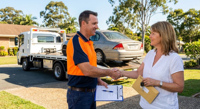 A professional car removal expert in high-visibility gear shaking hands with a customer in a Brisbane driveway, representing a legitimate cash for cars brisbane region operator.